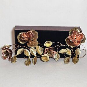 2 Vintage Dogwood Flowers and Leaves 3D Brass Copper Metal Wall Sculptures MCM